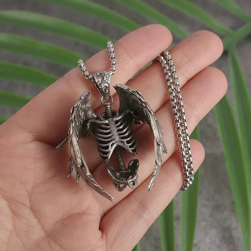 Gothic Wings Grim Reaper Pendant Half Body Skull Necklace Biker Punk Rock Jewelry Halloween Gift