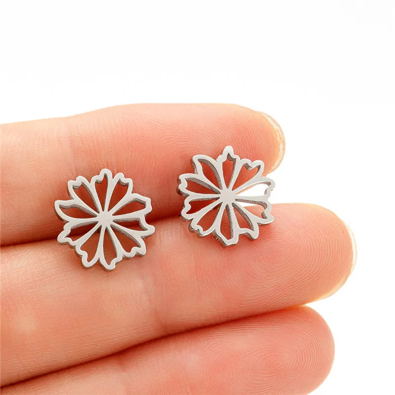 Multiple Stainless Steel Flower Stud Earrings Women Korean Daisy Mandala Rose Lotus Earings Piercing Jewelry Plant Oorbellen