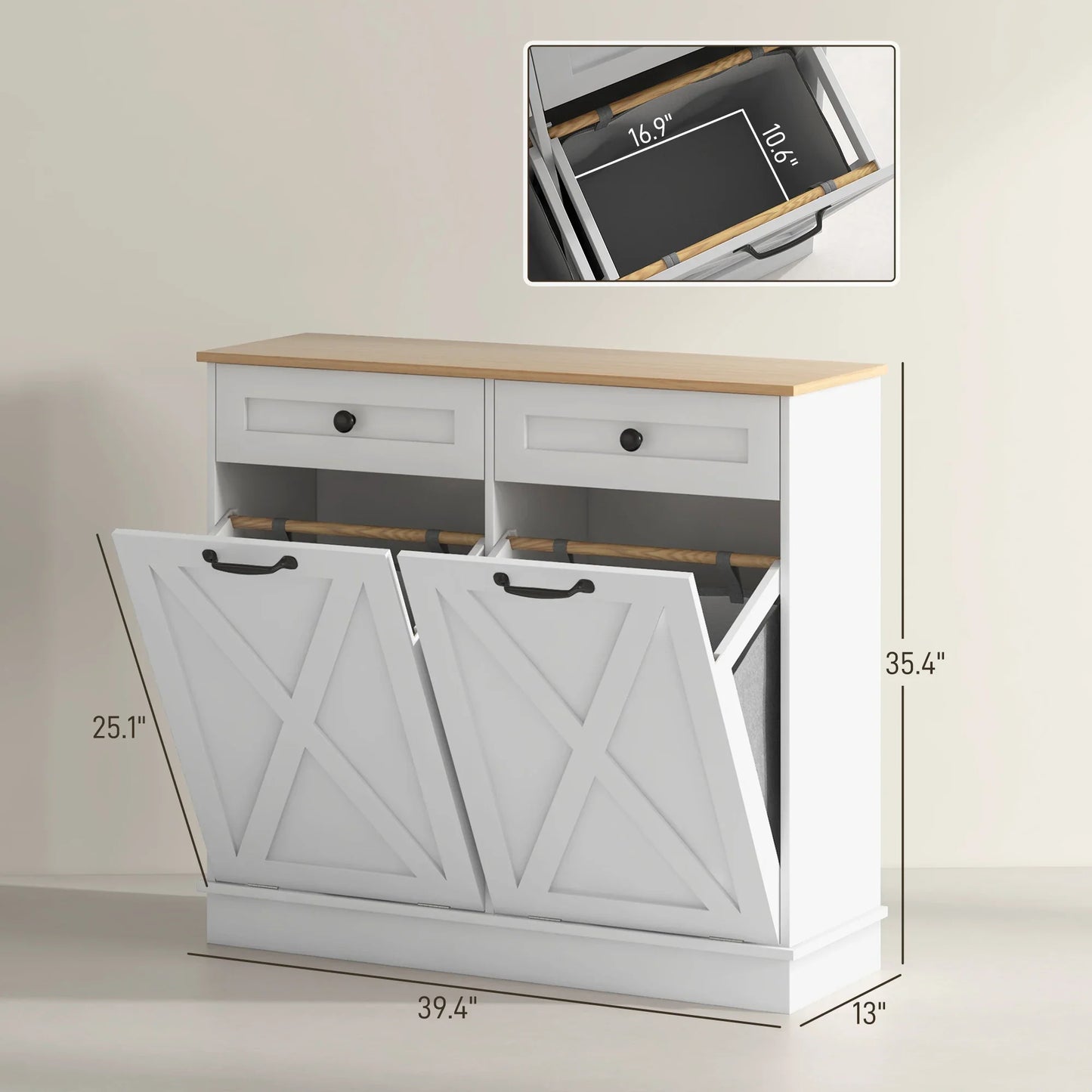 Tilt Out Laundry Hamper Cabinet, with 2 Baskets and 2 Drawers, White.