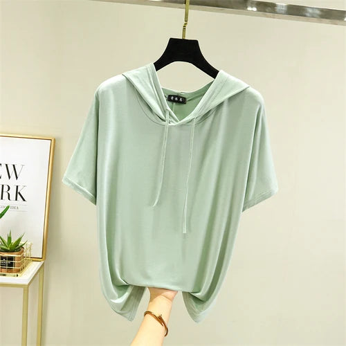 Thin T-shirts Women Hooded Fashion Loose Casual All-match Korean Style Solid Simple Y2k Aesthetic Футболка Женский Cozy Chic New