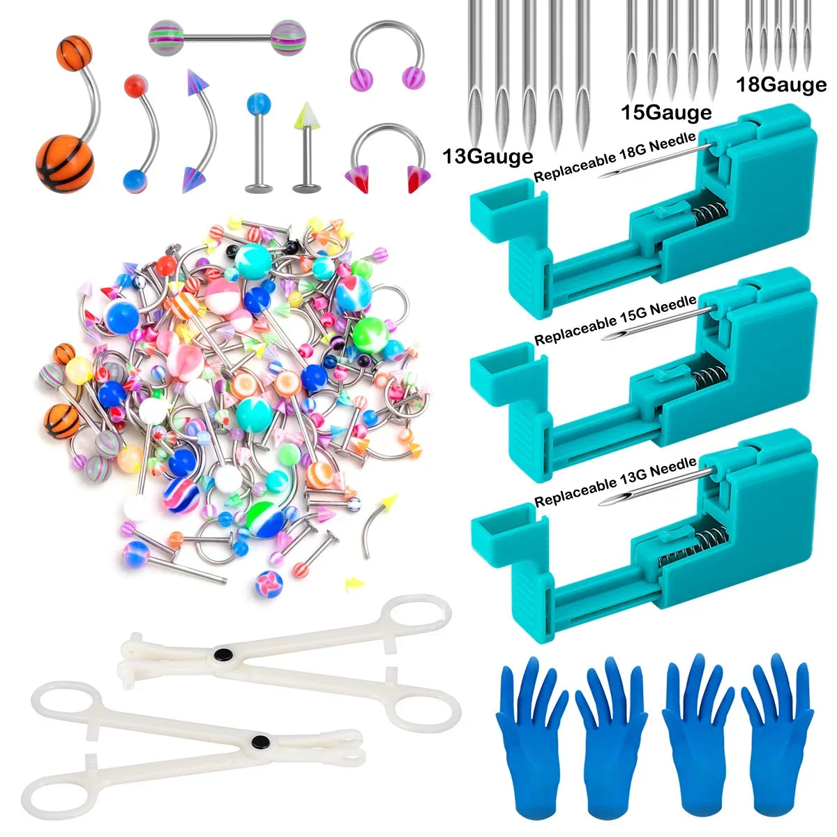 Body Piercing Tool Kit Easy to Use Body Piercing Gun Lip Nose Tongue Cartilage Eyebrow Navel Piercing Jewelry for Women Men