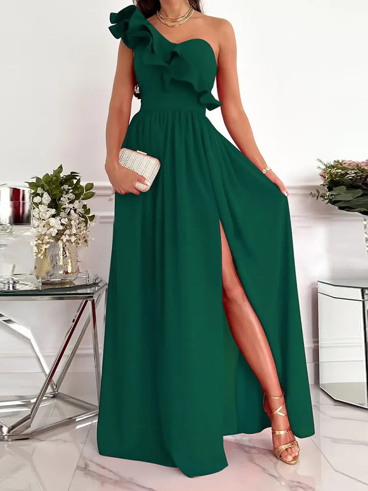 Ladies Off Shoulder Diagonal collar Pleated Evening Dress Solid Sleeveless Ruffle Hem Elegant Dress Summer Sexy Slit Maxi Dress