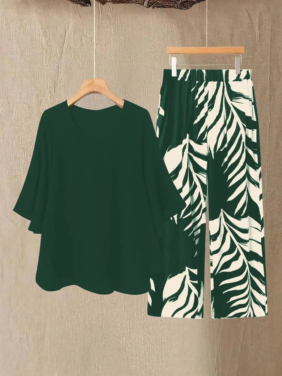 Lady Colorful O Neck Loose Suit Casual Chiffon Set Three Quarter Sleeve Top Wide Leg Pants Women Outfit Comfortable 2 Piece Sets