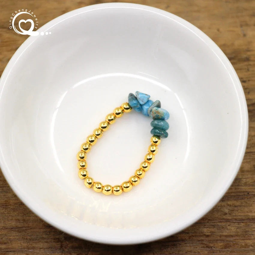 Healing Crystal Chip Stackable Rings Golds Brass Round Beads Natural Stone Gravel Stretchy Ring Fashion Women Jewelry,QC4218