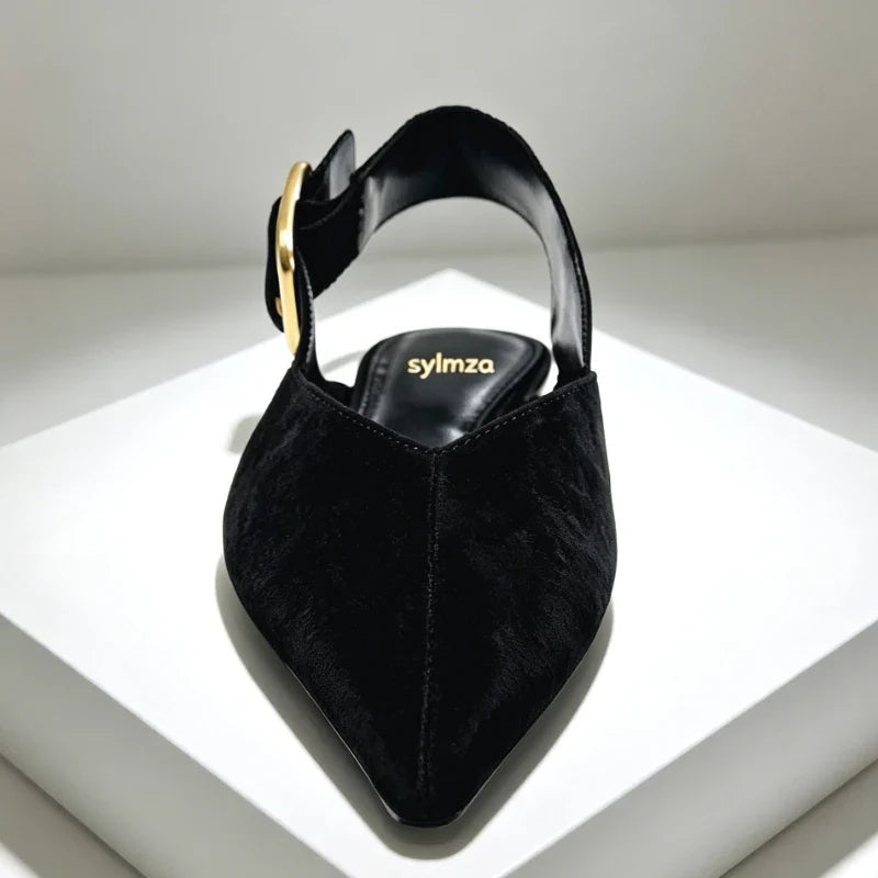Fashion Metal Buckle Design Flat Sandals Women 2026 New Brown Suede Pointed Toe Slingback Designer Shoes Comfortable Women Shoes