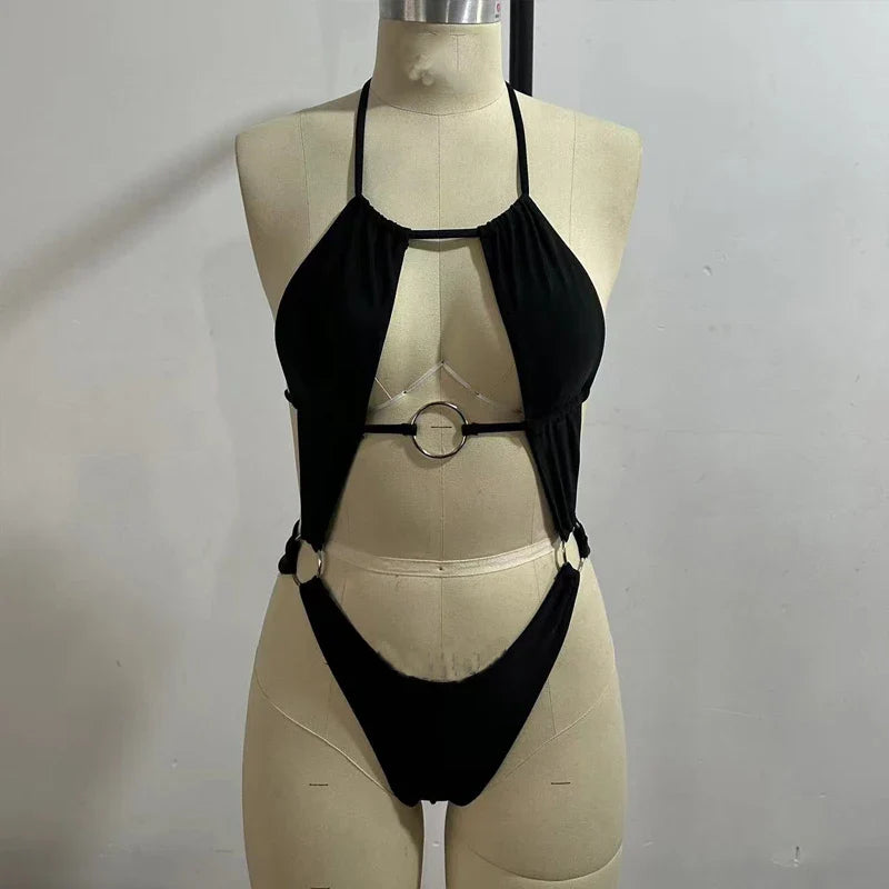 BEACHCICI Women's Bikini One Piece Summer Sexy Solid Halterneck Lace Up Cutout Metal Ring Slim Backless Beach Holiday Swimsuit