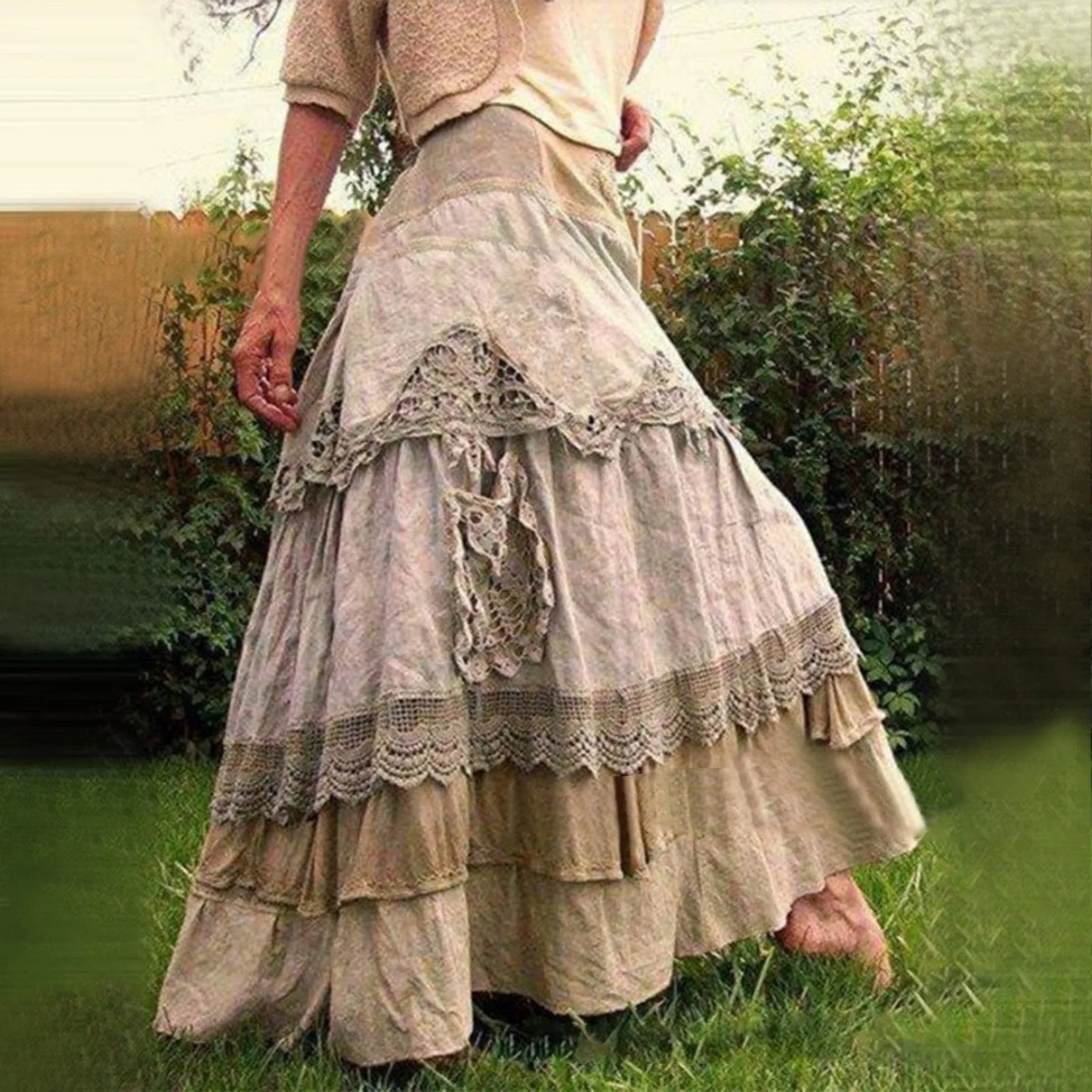 Women's 2025 Summer Boho Tiered Long Lace Skirt Maxi Flared Long Skirts For Women Fairy Casual Patchwork Layered Long Skirts