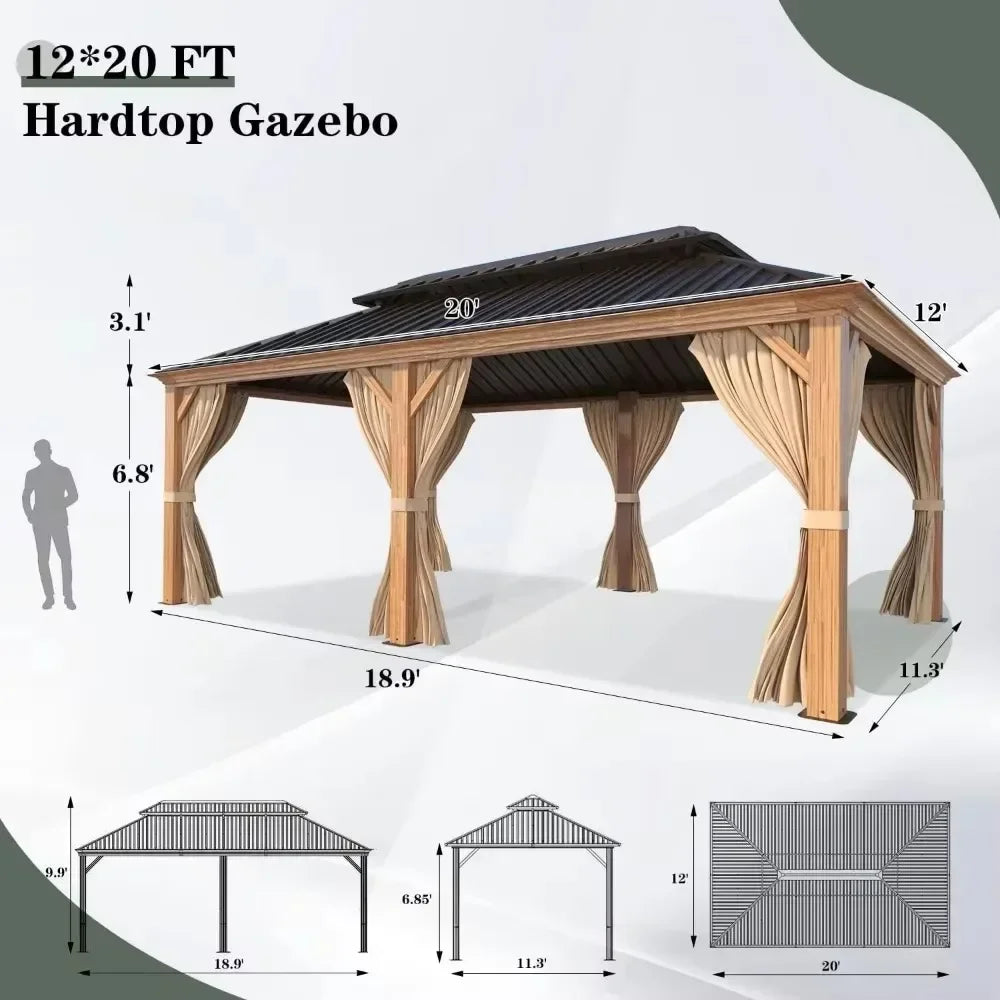 12x20 Gazebo, Hardtop Wood-Looking Gazebo with Galvanized Steel Double Roof, Patio Hardtop Gazebo with Netting and Curtains