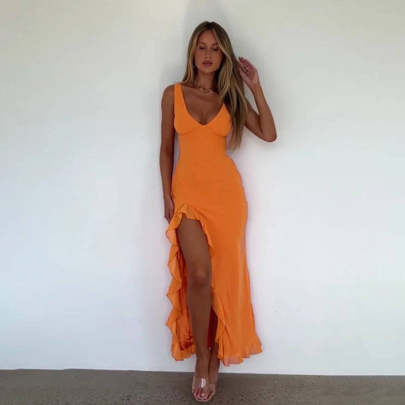 Avrilyaan Ruffle High Split Sexy Dress Women 2024 Robes Elegant Evening Summer Dress Backless Party Long Midi Dress Vestidos