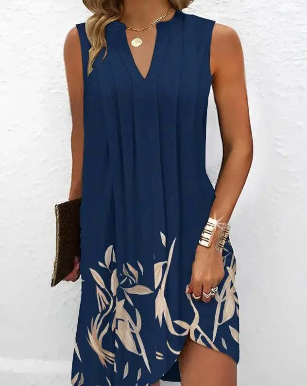 Women's Dresses 2023 Summer Fashion Plants Print Notch Neck Ruched Casual Sleeveless Daily Mini Straight Dress Woman Clothes