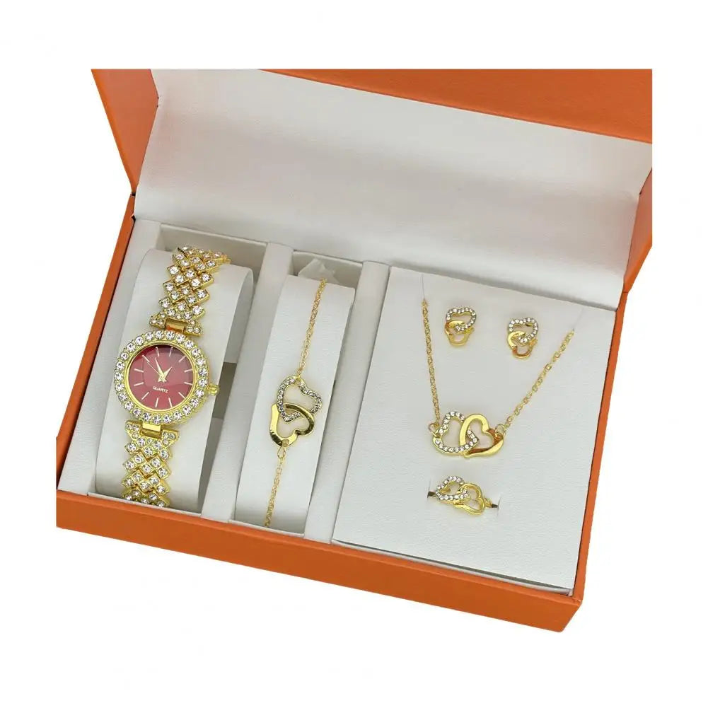 1 Set Women Jewelry Set with Gift Box Complete Collection of Quartz Watch Necklace Bracelet Ring Earring Set Golden Jewelry Gift