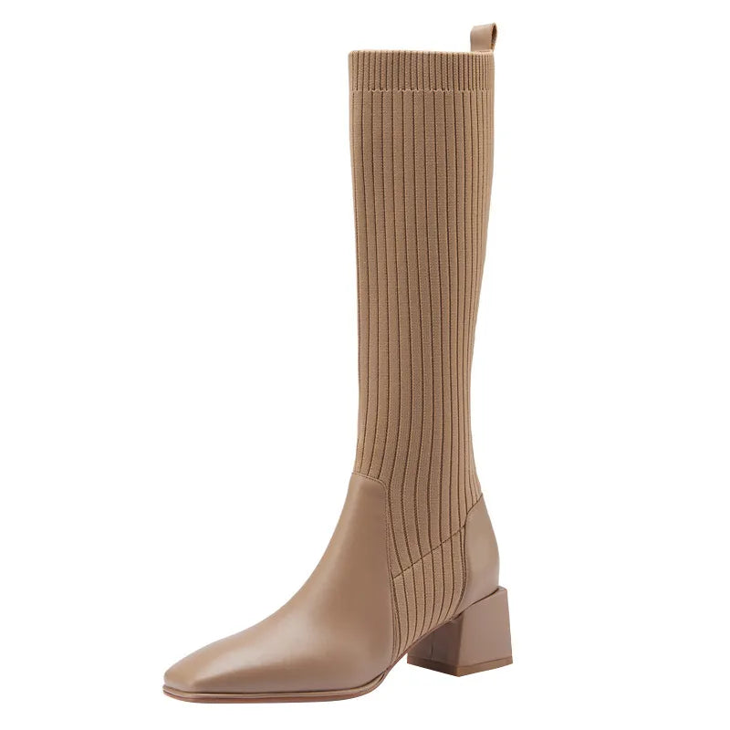 Comemore Sock Boots Women 2024 Winter Knee High Knitting Warm High Boot High Heels Weave Casual