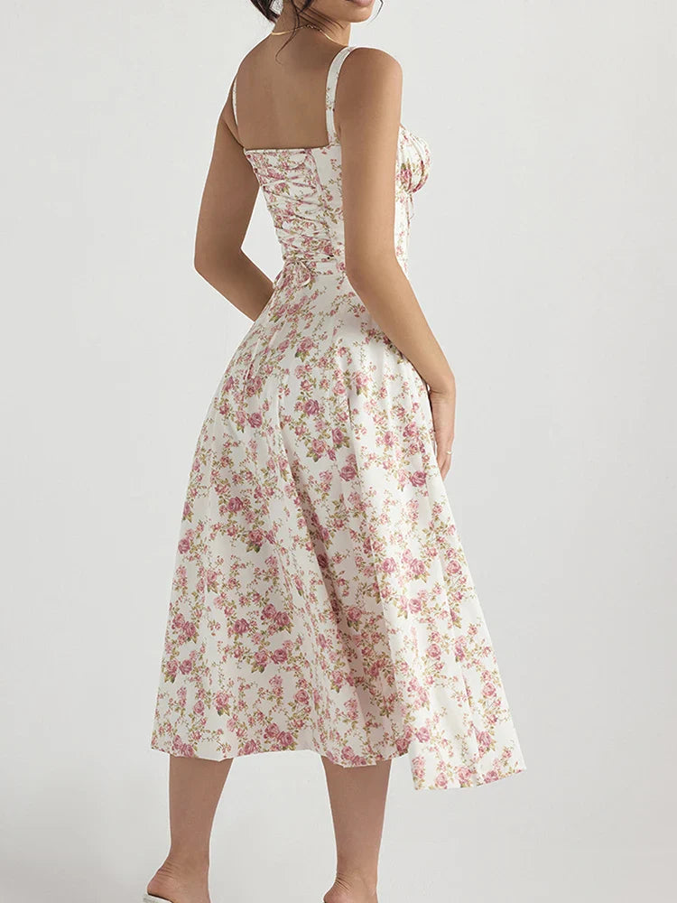 Sleeveless Floral Dress Casual Fashion Slim Fit Sexy Backless Hem Slit Vacation Travel Versatile Suspender Printing Dress
