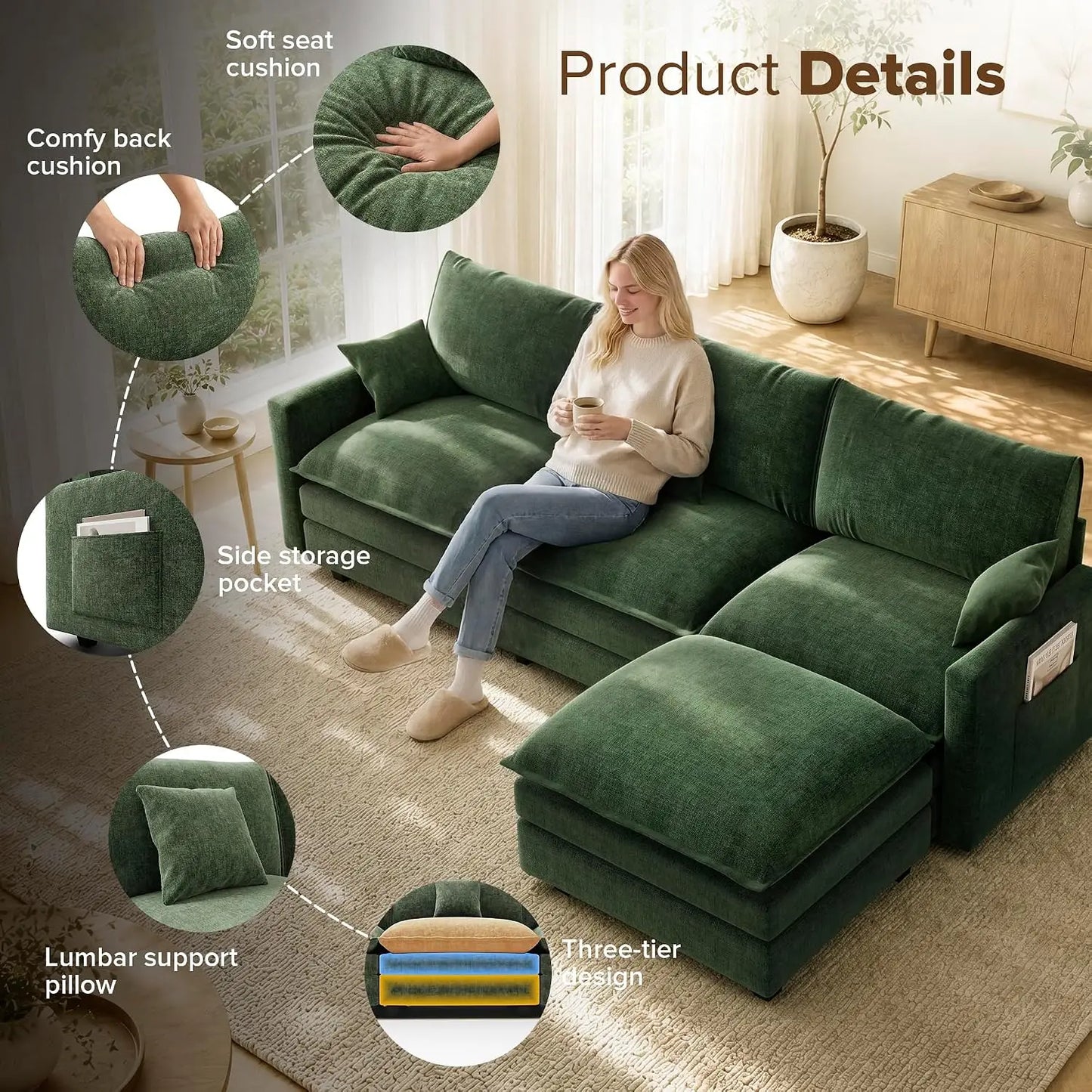 108 Inch Cloud Couch Sectional, Modular Sectional Sofa with Ottoman, Green | L Shaped Sectional Couches for Living, Customized