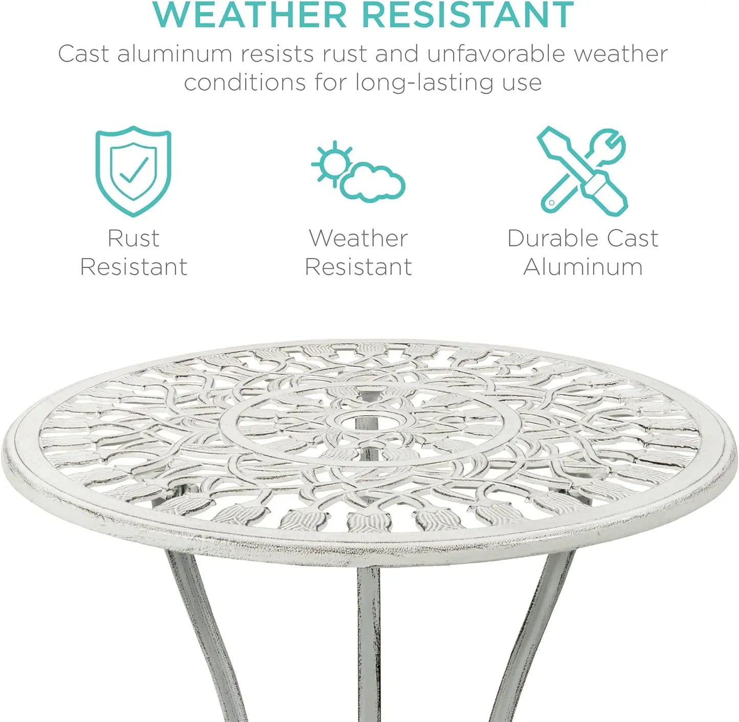 3-Piece Outdoor Rust-Resistant Cast Aluminum Patio Bistro Set w/Tulip Design, Antique Finish - White