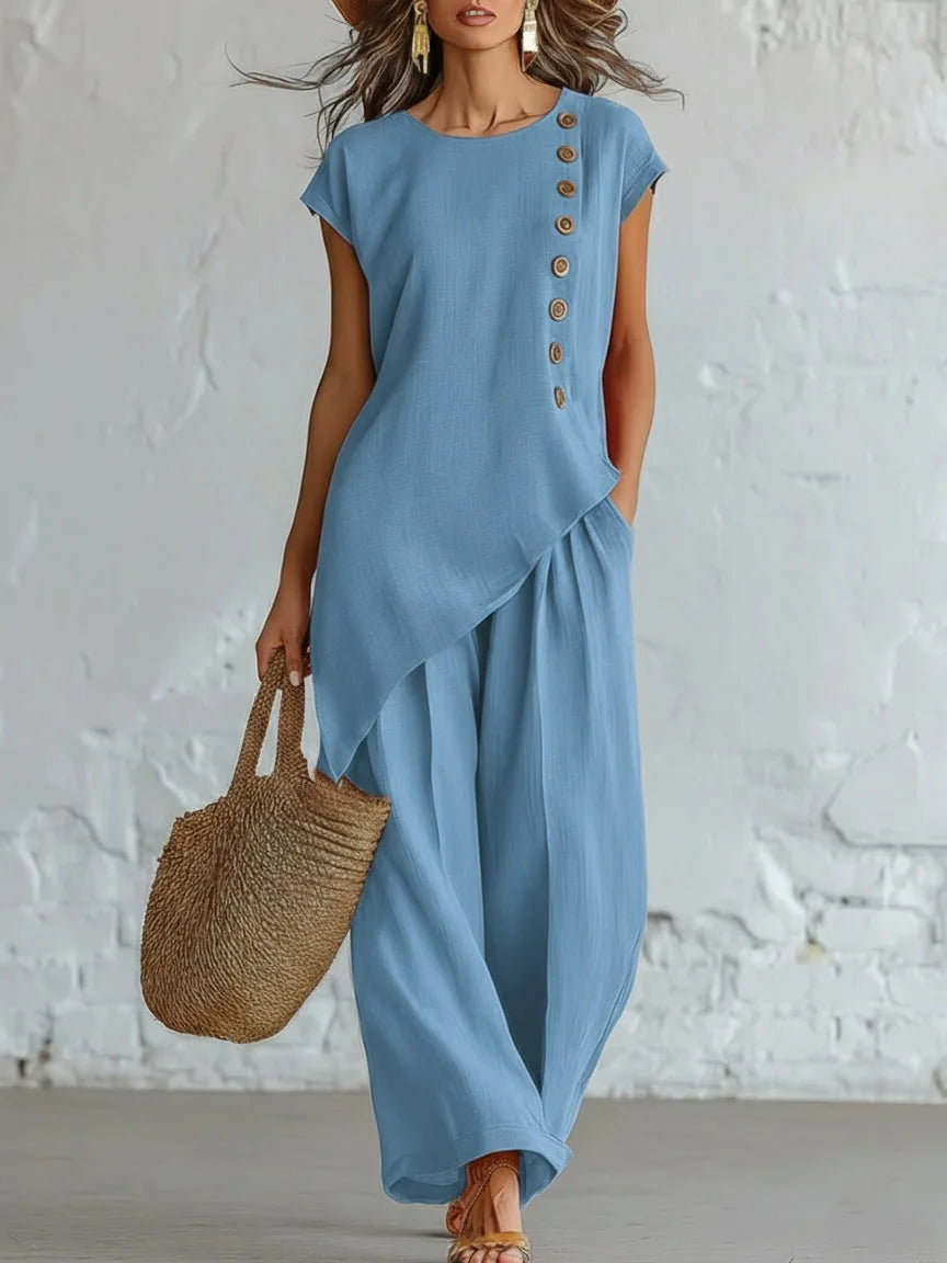 2026 Women 2 Piece Set Elastic Waist Pocket Button Decorate Wide Leg Pants+Solid Blouse Suit Casual Top Trousers Lady Outfits