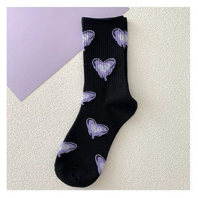 Kawaii Love Print Socks Purple Women Socks Female High Beauty In Spring Summer Fried Street Middle Tube Socks Harajuku Medias
