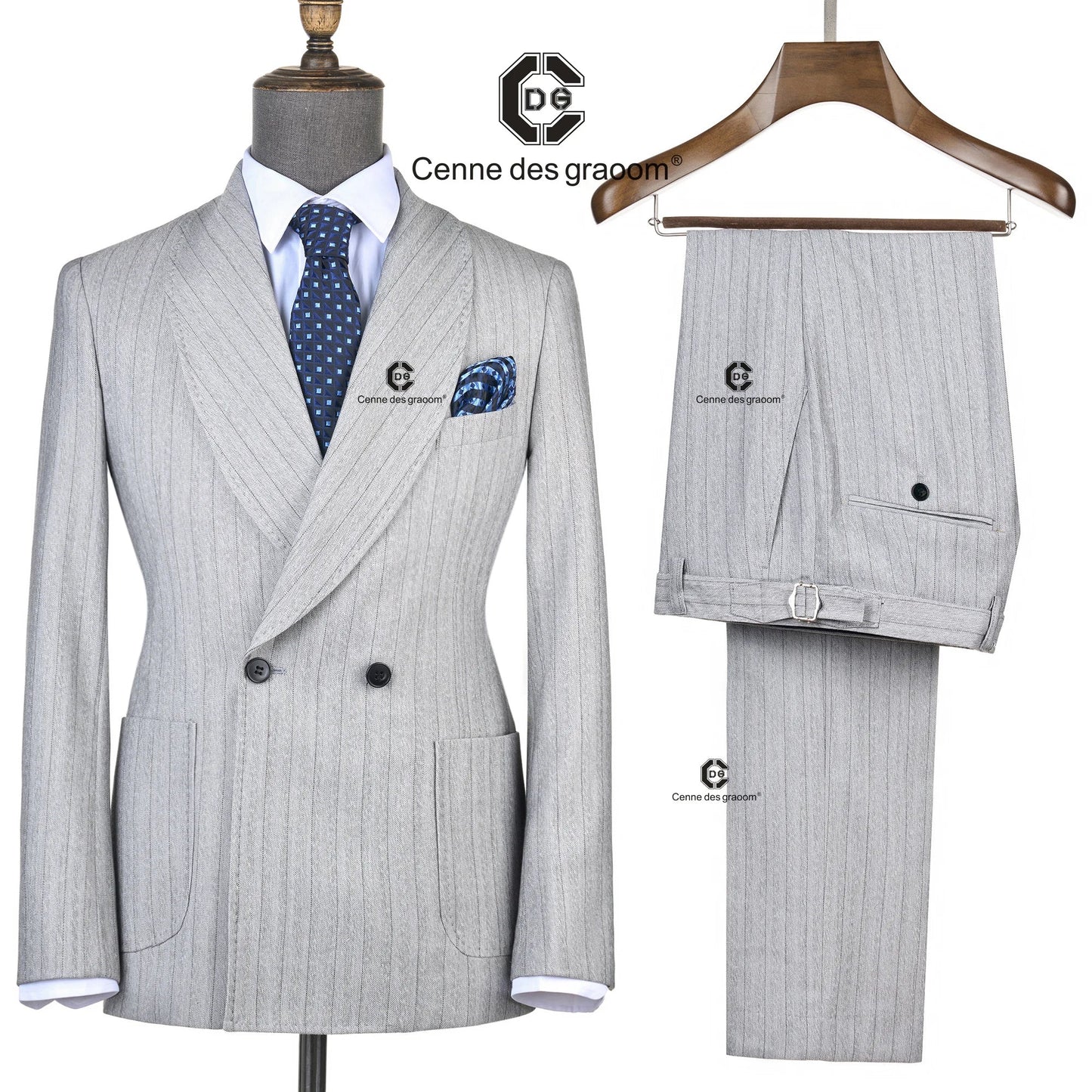 Cenne Des Graoom 2025 Light Grey Striped Double-Breasted Men Suits With Patch Pocket Tailor-Made For Office Wear Wedding Bestman