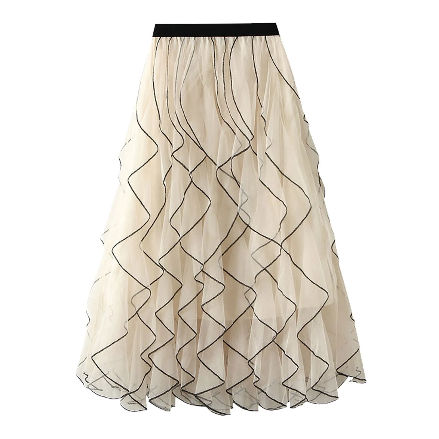 Autumn New Wave Pattern Fairy Mesh Ruffle Skirt High Waist A-Line Large Swing Long Skirt Women'S Half Body Skirt Ropa Para Mujer