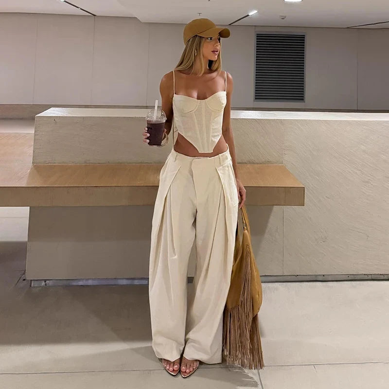 Chic Stripe Print Vest Pants Women Set Patchwork Slash Neck Bandage Top Pleated Asymmetry Trousers 2026 Summer Lady Outfit