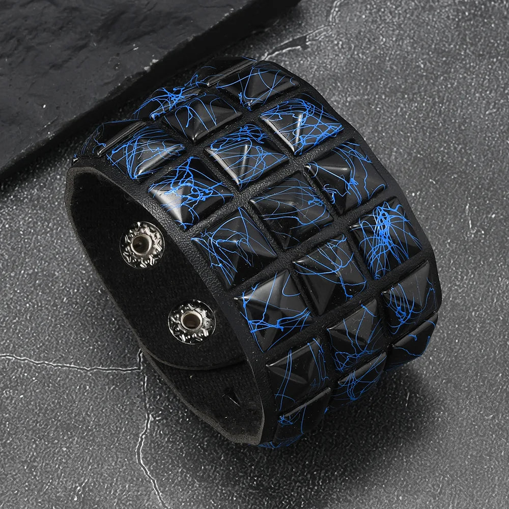 18 Color Punk Hip-Hop Three Rows of Square Rivets PU Leather Big Wide