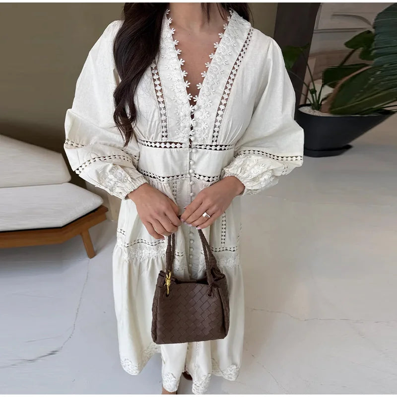 Elegant Lace Hollow Out Women's Long Dress Solid V-neck Patchwork Puff Sleeve Bodycon Dressess Female 2025 Spring New Lady Robes