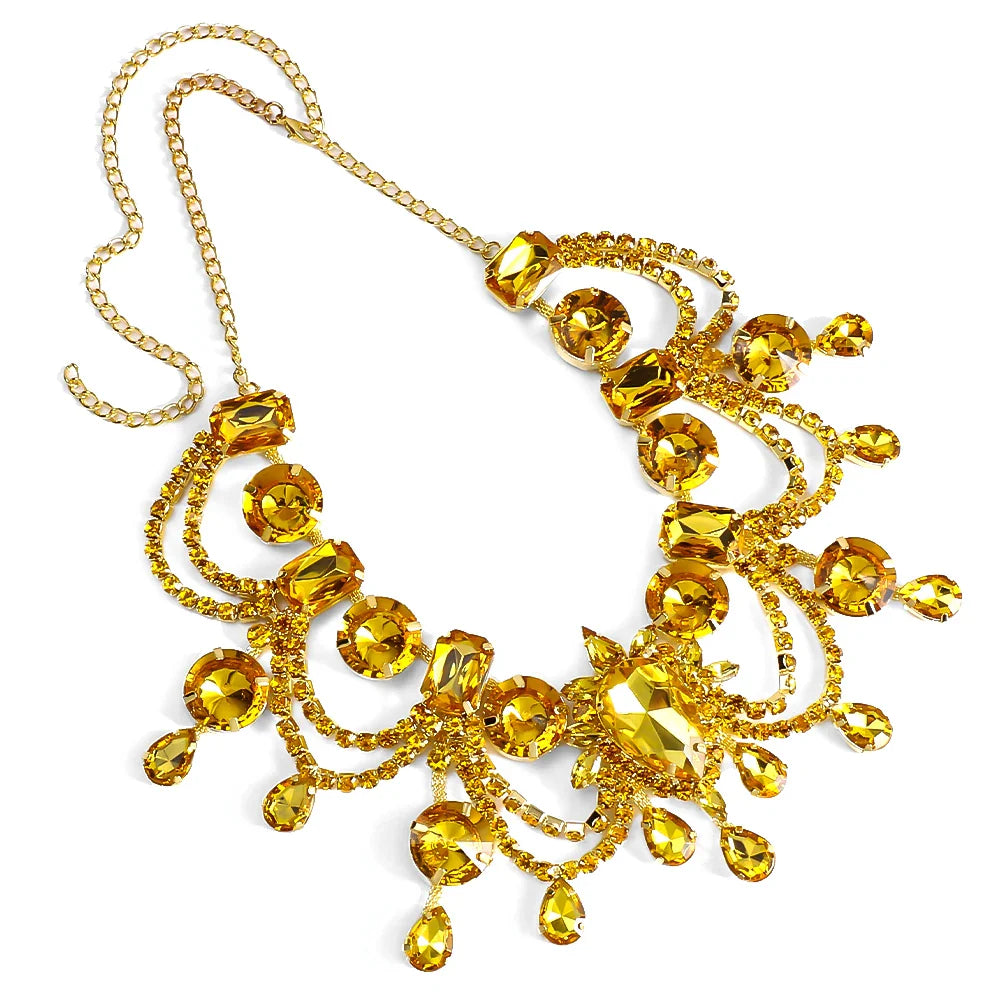 Stonefans Water Drop Tassel Necklace Earrings Sets Banquet for Women 2024 Statement Yellow Rhinestone Jewelry Set Bridal Gifts