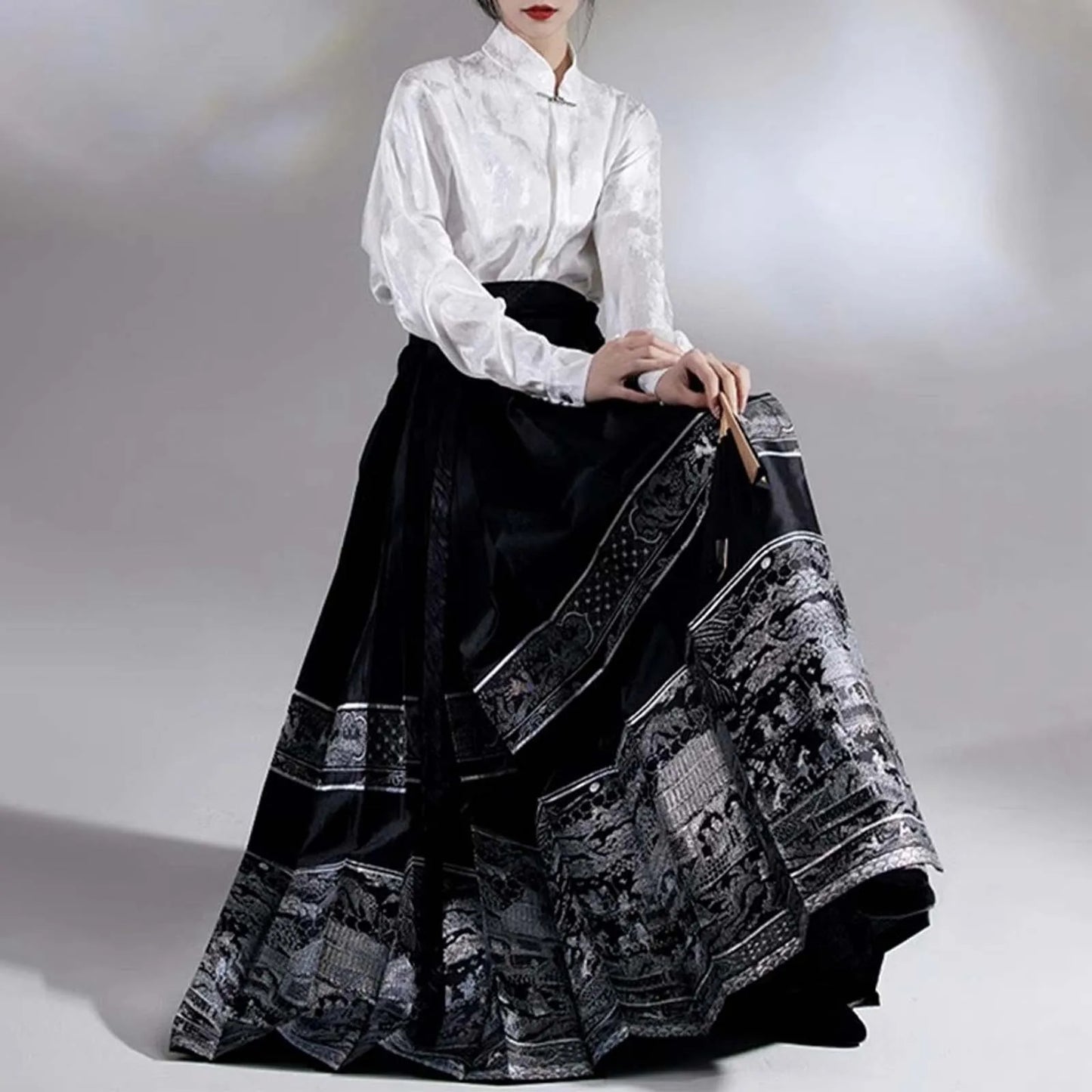 Women'S New Chinese Style Chinese Style Song Dynasty Hanfu Horse Face Skirt Satin High Waisted Slim Pleated Skirt Half Skirt 스커트