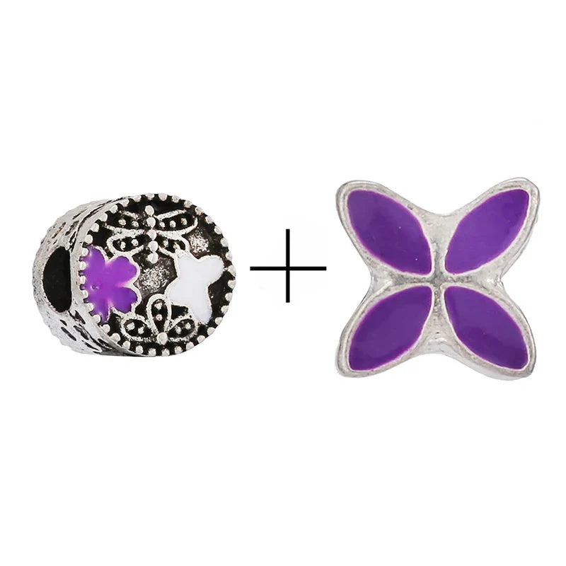 BRACE CODE 2Pcs/Lot Pan Spring New Purple Charm Love Floral Diy Beads Pendant Making Men's Women's Children's Fine Bracelets