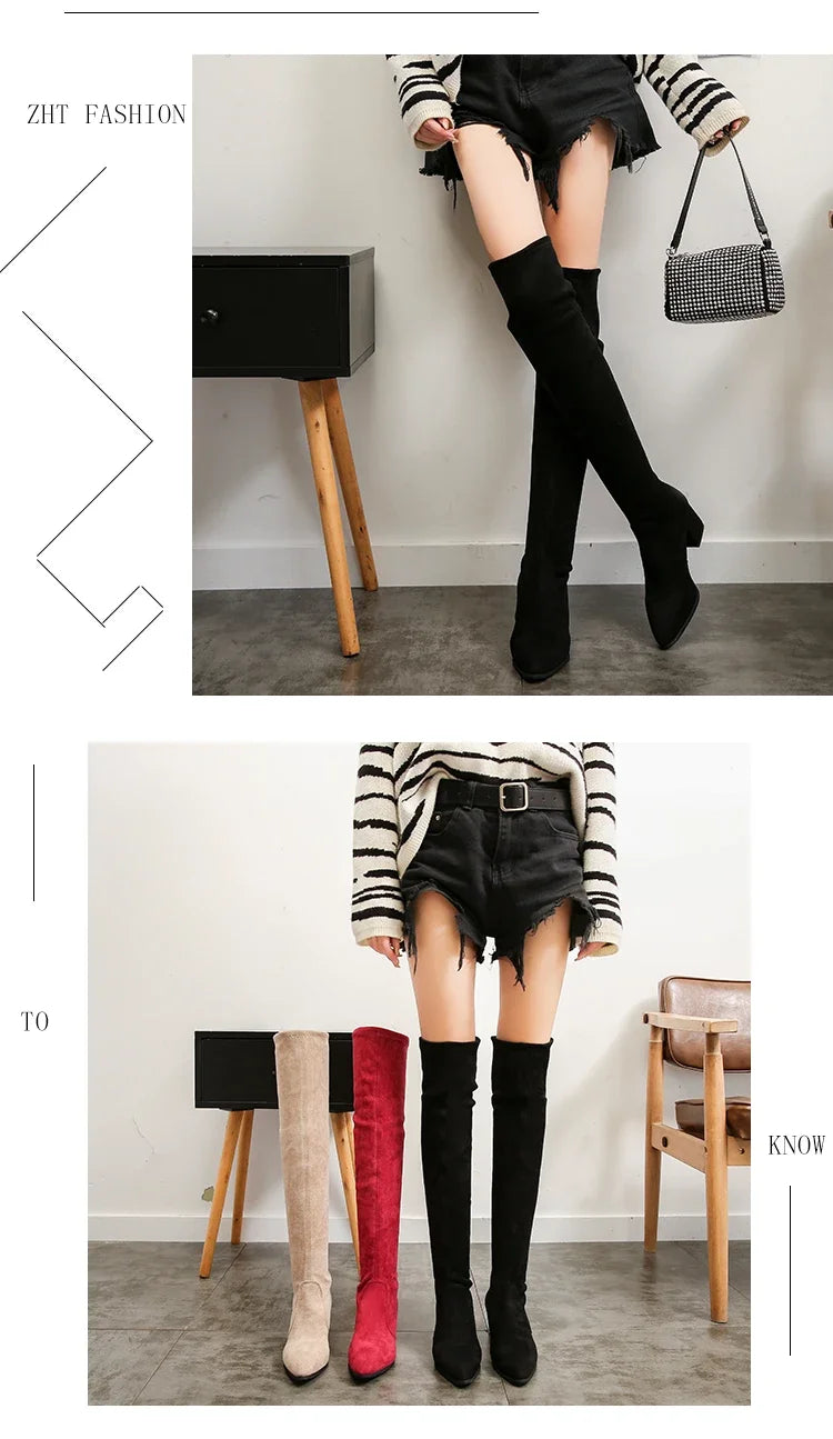 Thigh High Boots Women 2023 Winter Fashion Boot New Over Knee Boots Women Shoes Sexy High Heels Botas Red Warm Fur Black Boots
