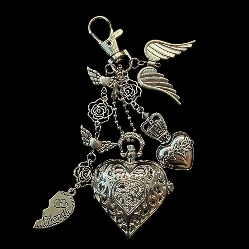 Original Hollow Heart Pocket Watch Chain Keychain Design Steampunk Clock Vintage Necklace Pendant Jewelry Watch Men Women Gift