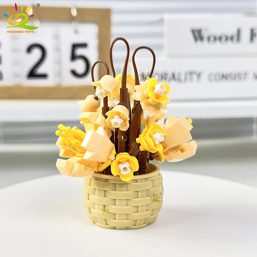 HUIQIBAO Eternal Flower Model Bouquet Potted Plant Micro Building Blocks MOC DIY Home Desk Decoration Brick Toy For Children