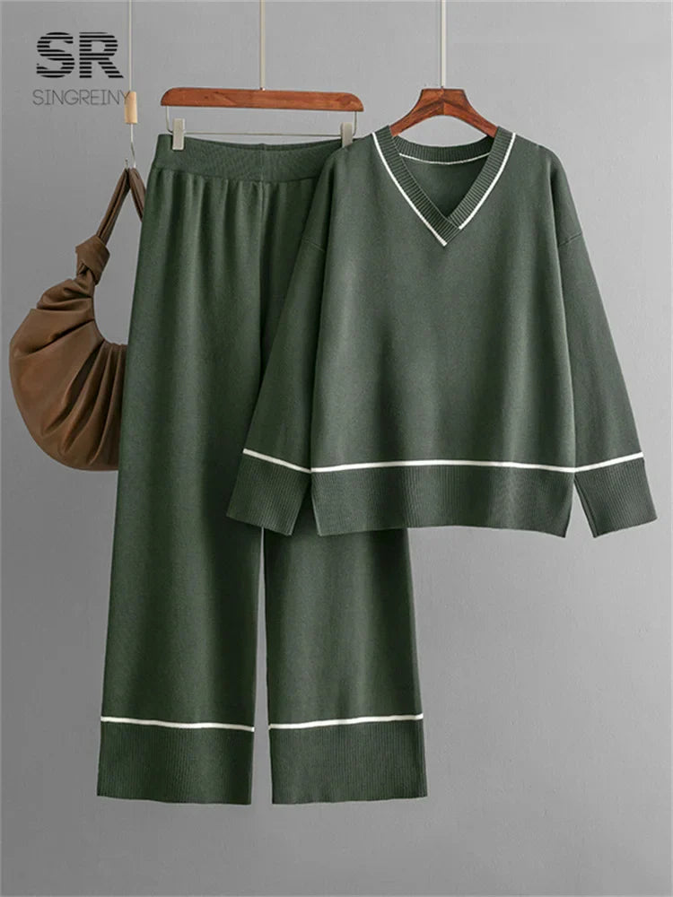 SINGREINY Women Basics Winter Sets V Neck Sweater+Solid Wide Legs Long Pants 2024 Autumn Fashion Casual Thick Two Pieces Suits