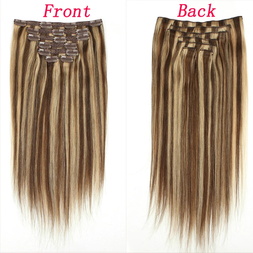 7Pcs 120G Clip In Hair Extensions 100% Human Hair Double Weft Remy Hair Extension Clip In Medium Brown Mix Dark Blonde For Girl