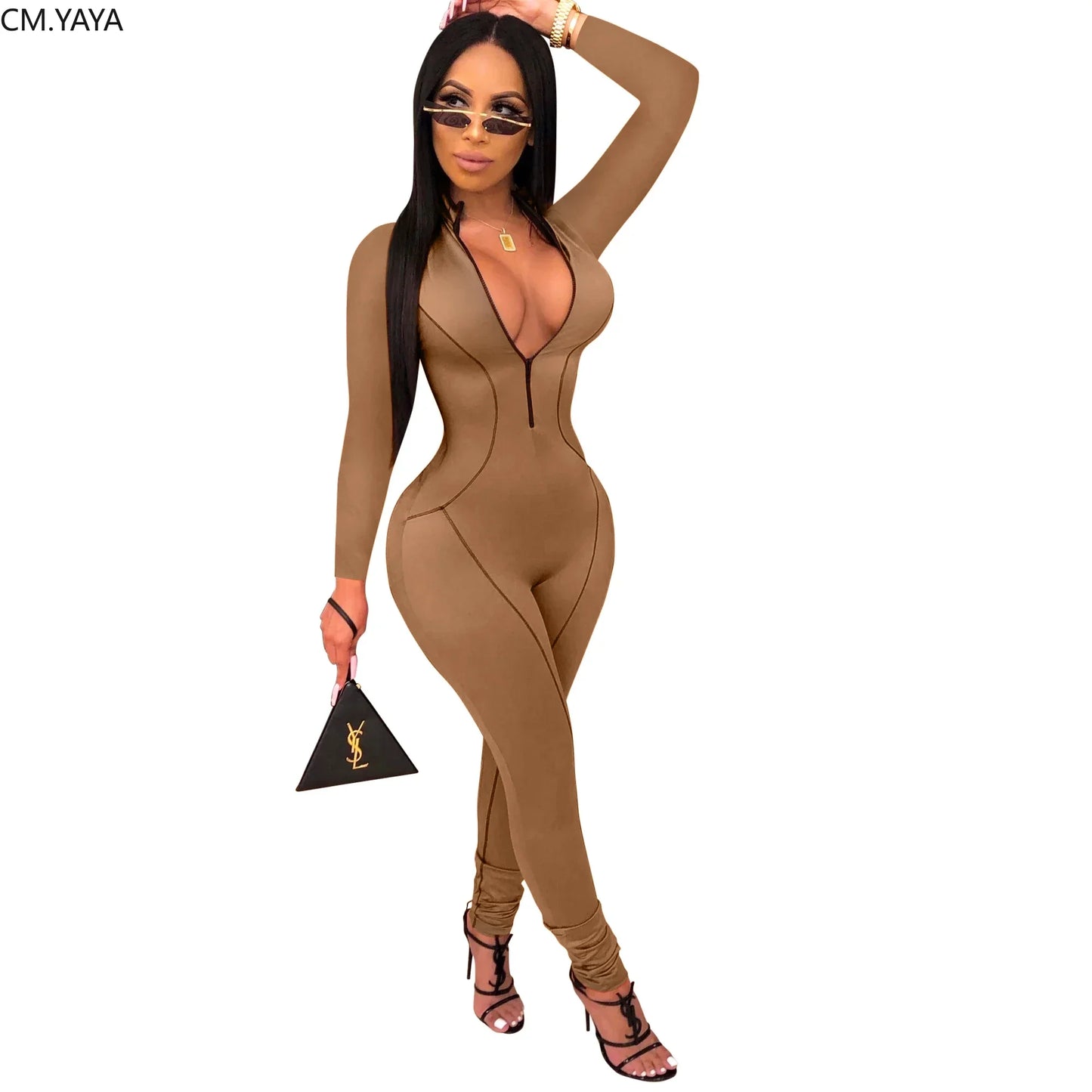 New Autumn Women Zipper Up Striped Splicing Long Sleeve Bodycon Moto Biker Jumpsuit Sexy Club Night Party Romper Playsuit GL9371