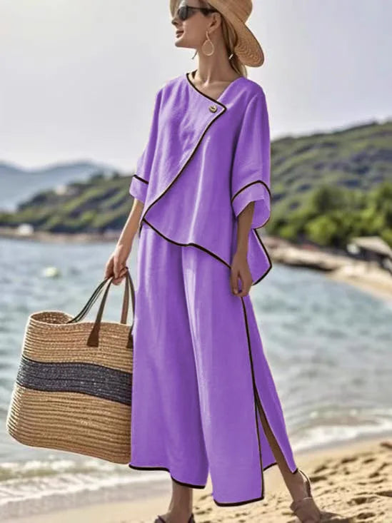 Women Loose Striped Print Split Wide Legs Pants Two Piece Sets Spring Elegant Slanted Short Sleeves Set Office Ladies 2Piece Set