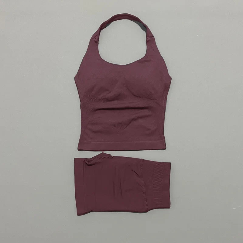 2 Pieces Shorts Yoga Set Women Backless Halter Tops High Waist Seamless Shorts Gym Suit Fitness Sportswear Workout Sets