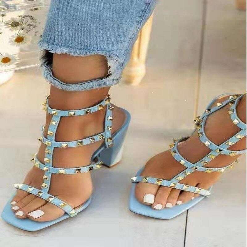 Summer New High Heels Studs Fashion Designer Open Toe Gladiator Sandals Sexy Buckle White Ladies Roman Sandals Plus Size 43