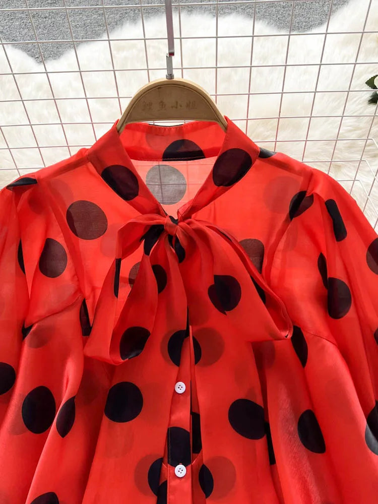 2023 Women's Spring Summer New All-match Chiffon Shirt Bow Tie Long-sleeved Polka Dot Western-style Top Blouse D999