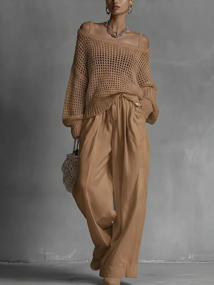Vintage Women 2 Piece Outfit Off Shoulder Hollow Out Knit Sweater Top Elastic Drawstring Wide Leg Long Pants Casual Matching Set