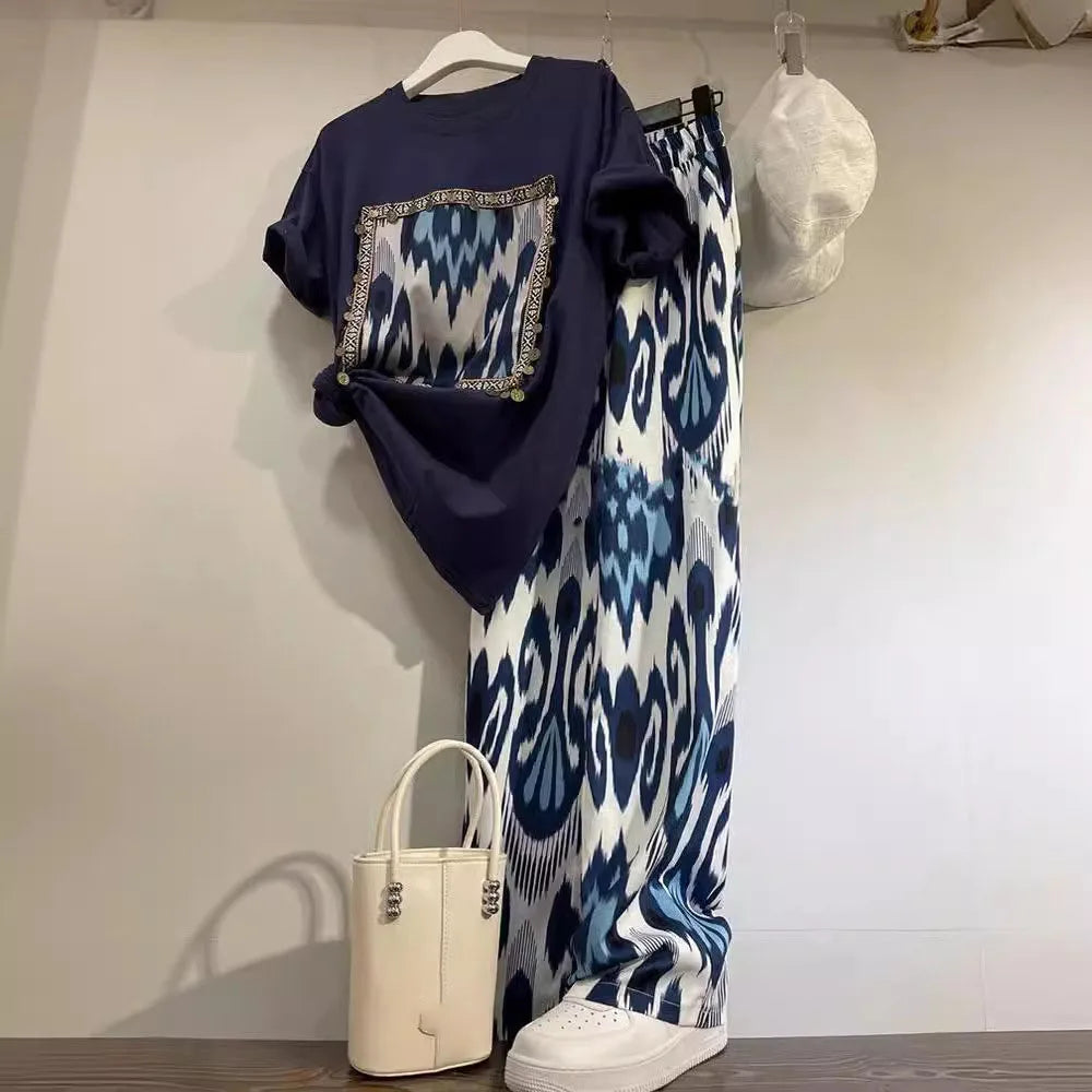 Fashion 2piece Set Women's Summer Thin O-neck Short Curled Sleeves Printed Patchwork T-shirt+Elastic Loose Wide Leg Pants