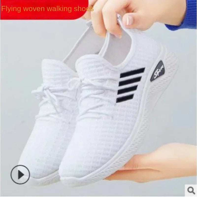 Trendy Shoes New Fly-Knit Sneakers Spring and Summer Soft Bottom Casual Mom Shoes Mesh Low-Top Running Student Shoes