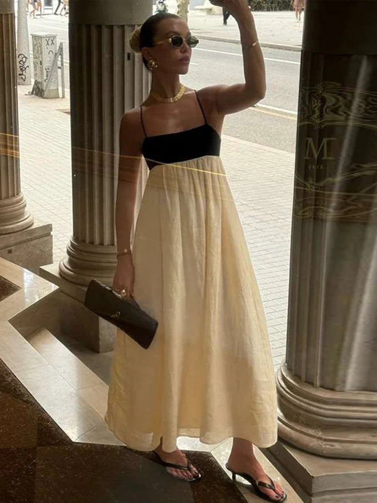 Contrast Loose Sling Women Dresses Sleeveless Backless Square Collar Female Dress 2024 Fashion High Waist Summer Sexy Lady Robe