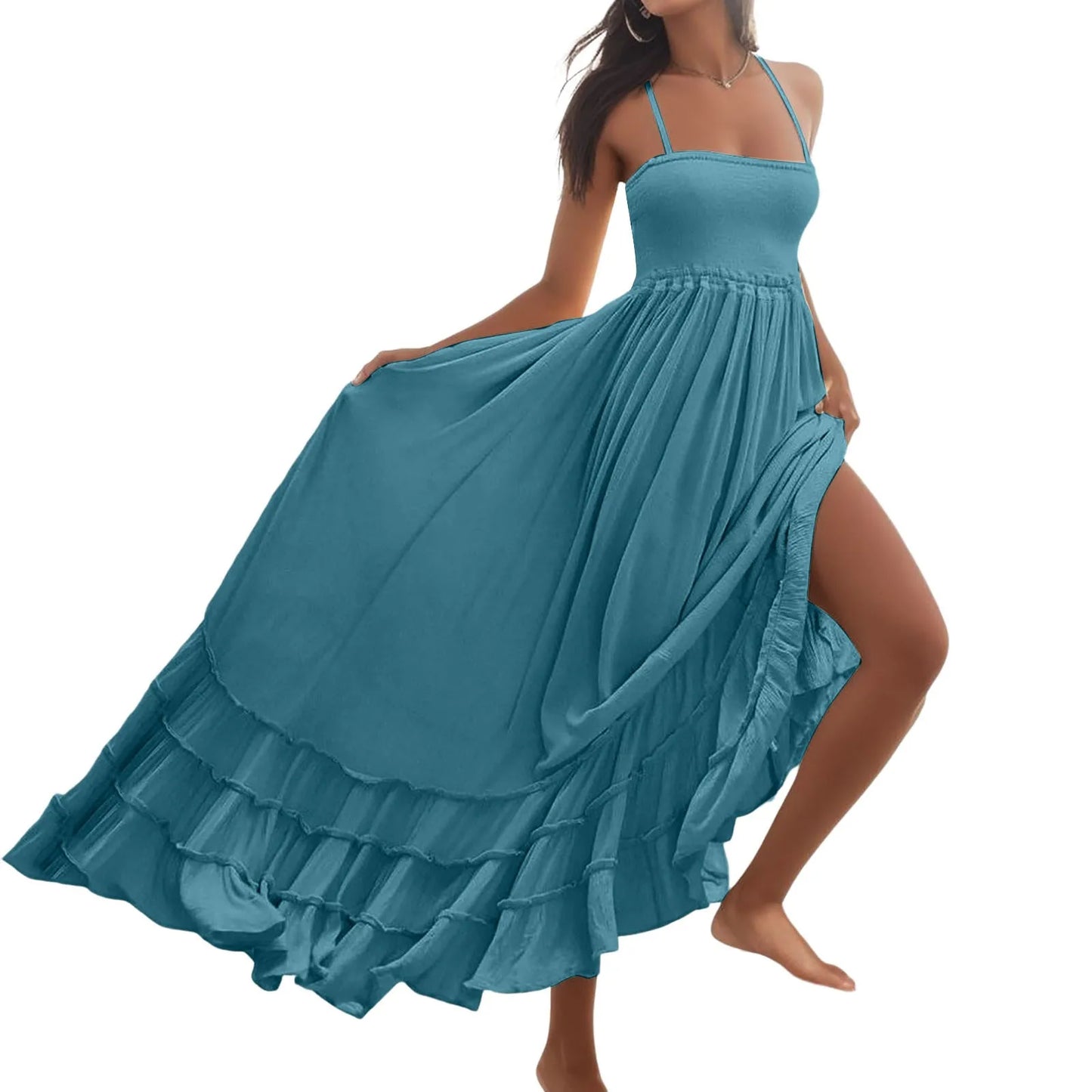 Womens Dresses 2024 Spring Summer Deep V Neck Women'S Smocked Maxi Dresses Summer 2023 Sexy Flowy Beach Long Backless Slip 롱원피스