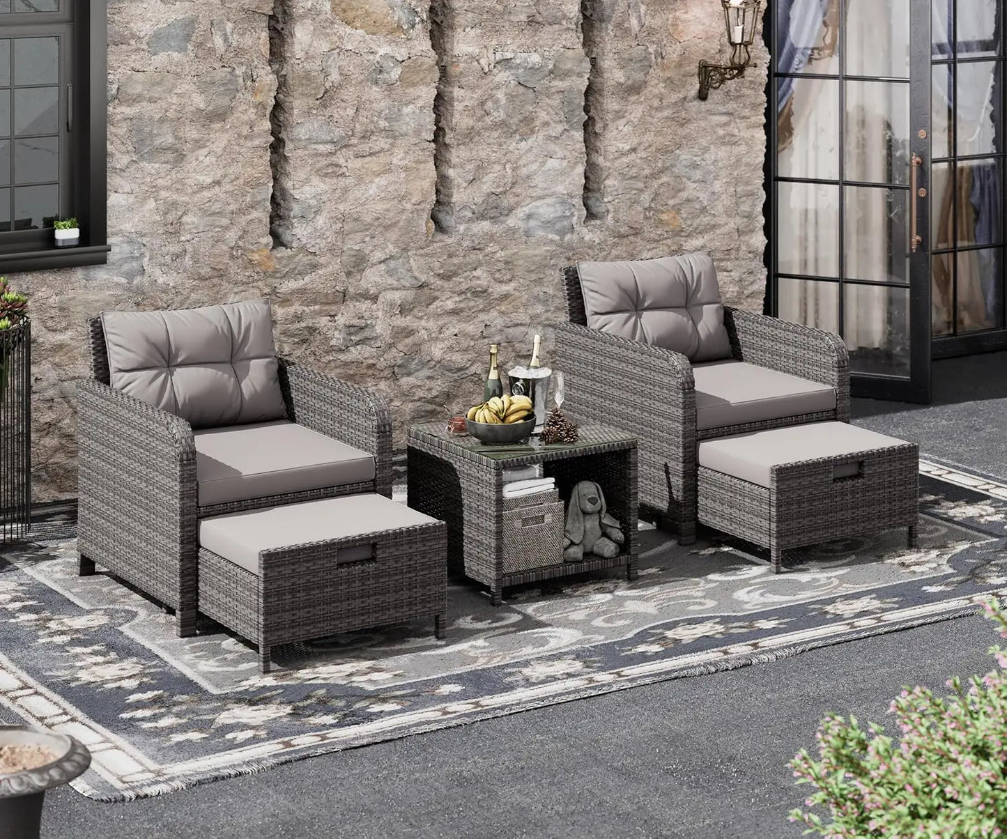 5 Piece Patio Conversation Set, PE Wicker Rattan Outdoor Lounge Chairs with Soft Cushions 2 Ottoman&Glass Table for Porch, Lawn
