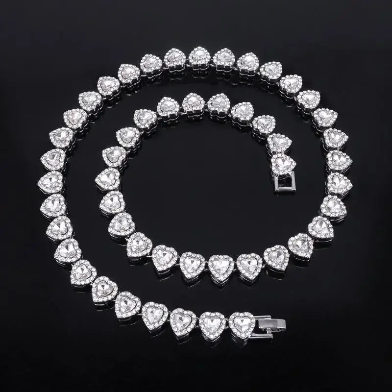 45CM New Hip Hop Tennis Chain Bracelet Necklace Shiny Heart Rhinestone