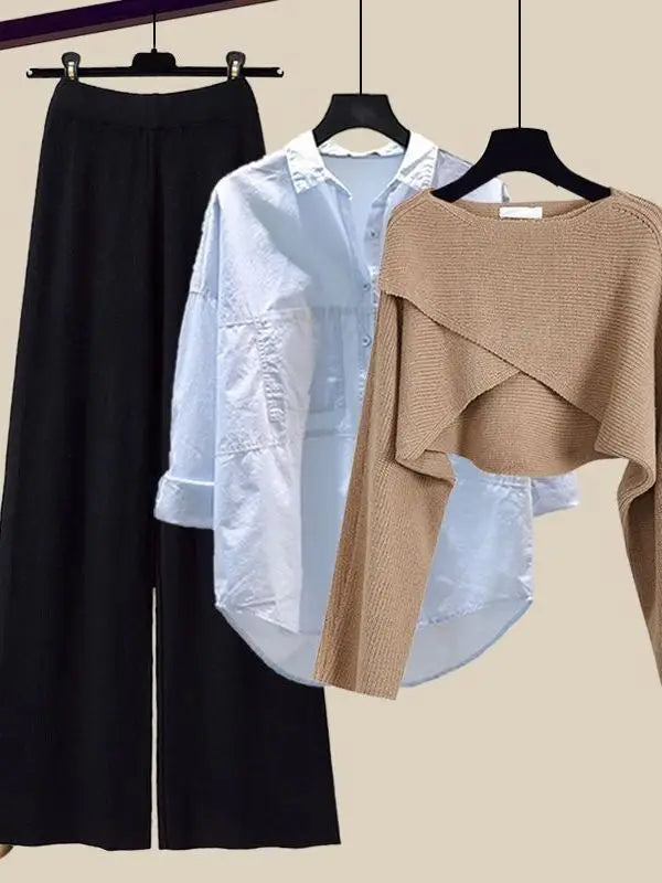 Fall Winter Knitwears 3 Pieces Set For Women Plaid Knitted Vest+solid Blouse+wide Leg Knitting Pants Sets Women Outfits 2024