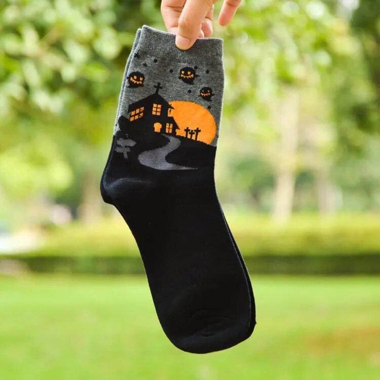 Halloween Harajuku Characteristic Couple Socks Funny Bat Pumpkin Lantern Wizard Ghost Print Men's Women's Middle Tube Socks