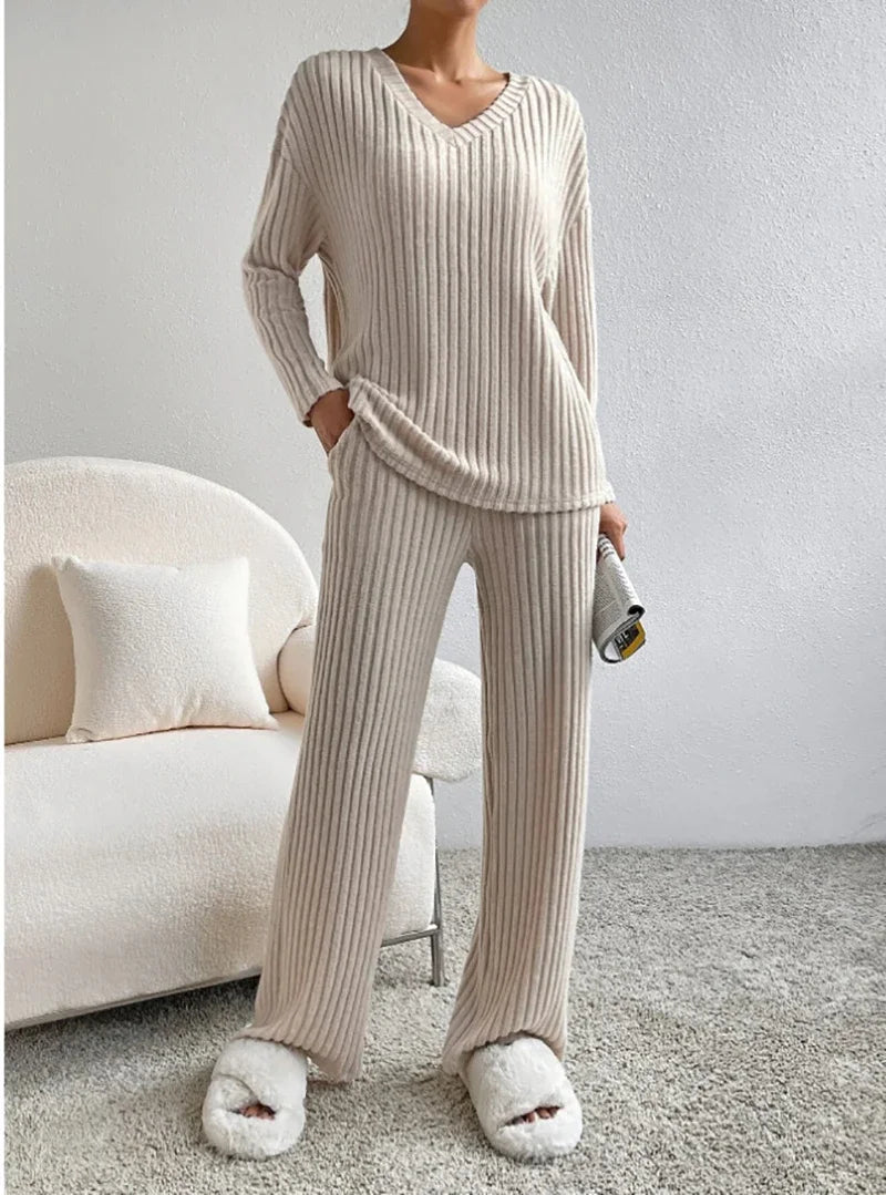 Two-piece Set Female 2024 Fall New Fashion Casual Straight Pants Temperament Loose V-neck Pit-stripe Knitting Women's Clothes