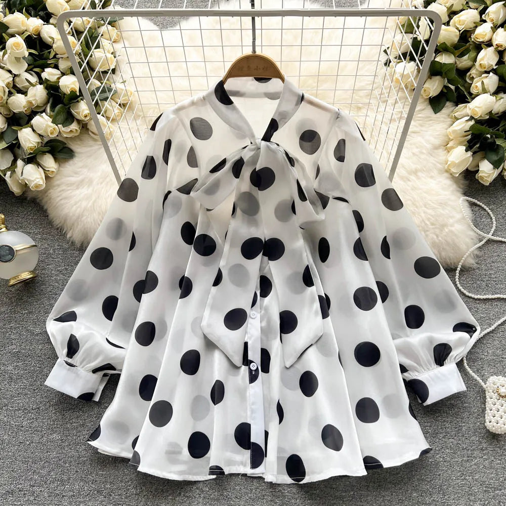 2023 Women's Spring Summer New All-match Chiffon Shirt Bow Tie Long-sleeved Polka Dot Western-style Top Blouse D999